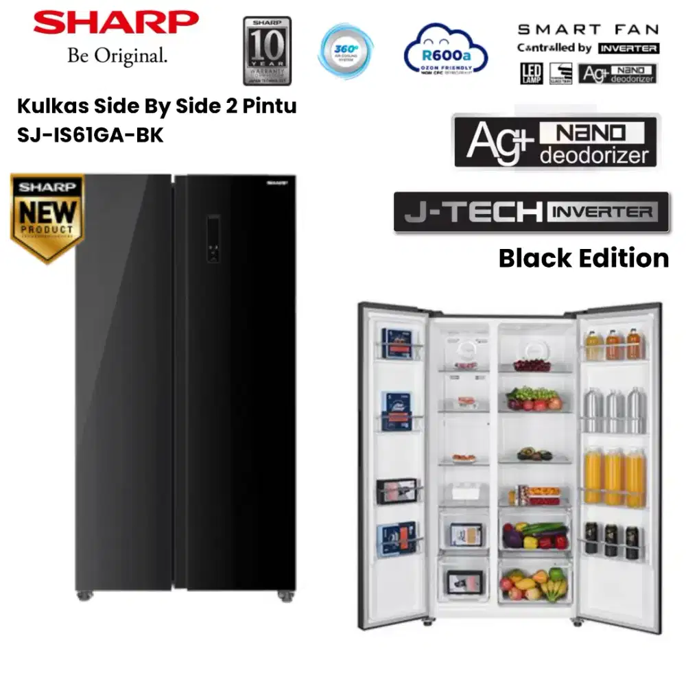 SHARP Kulkas Side By Side INVERTER - 566 Liter Ag+ Nano SJ-IS61AG-BK