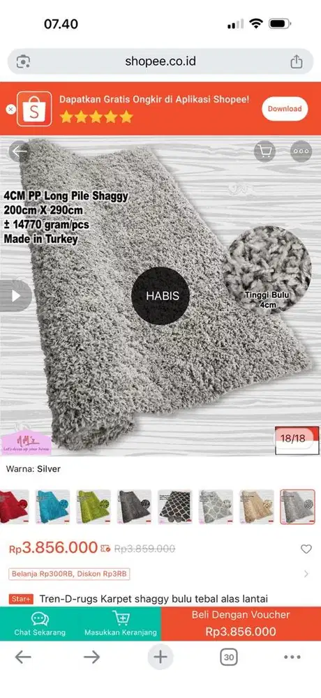 Karpet bulu benang (shaggy) tebal