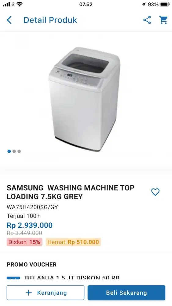 samsung washing machine top loading 7.5KG grey