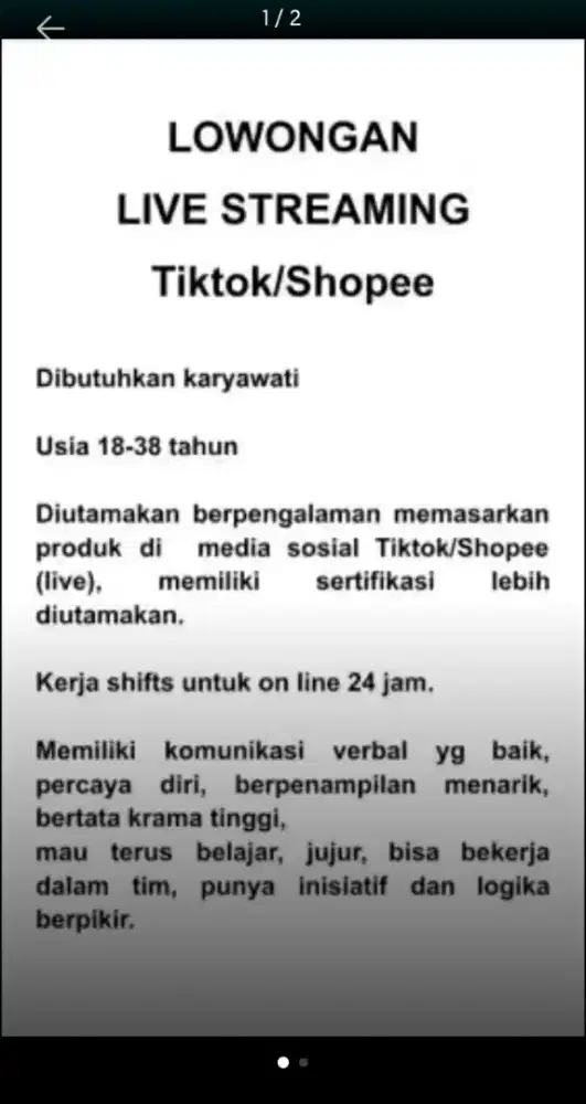 Lowongan Live Streaming Tiktok/Shopee