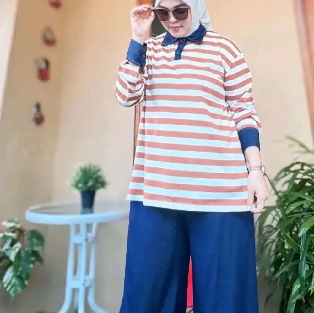 Baju salur cotton combad & Celana kulot dark denim
