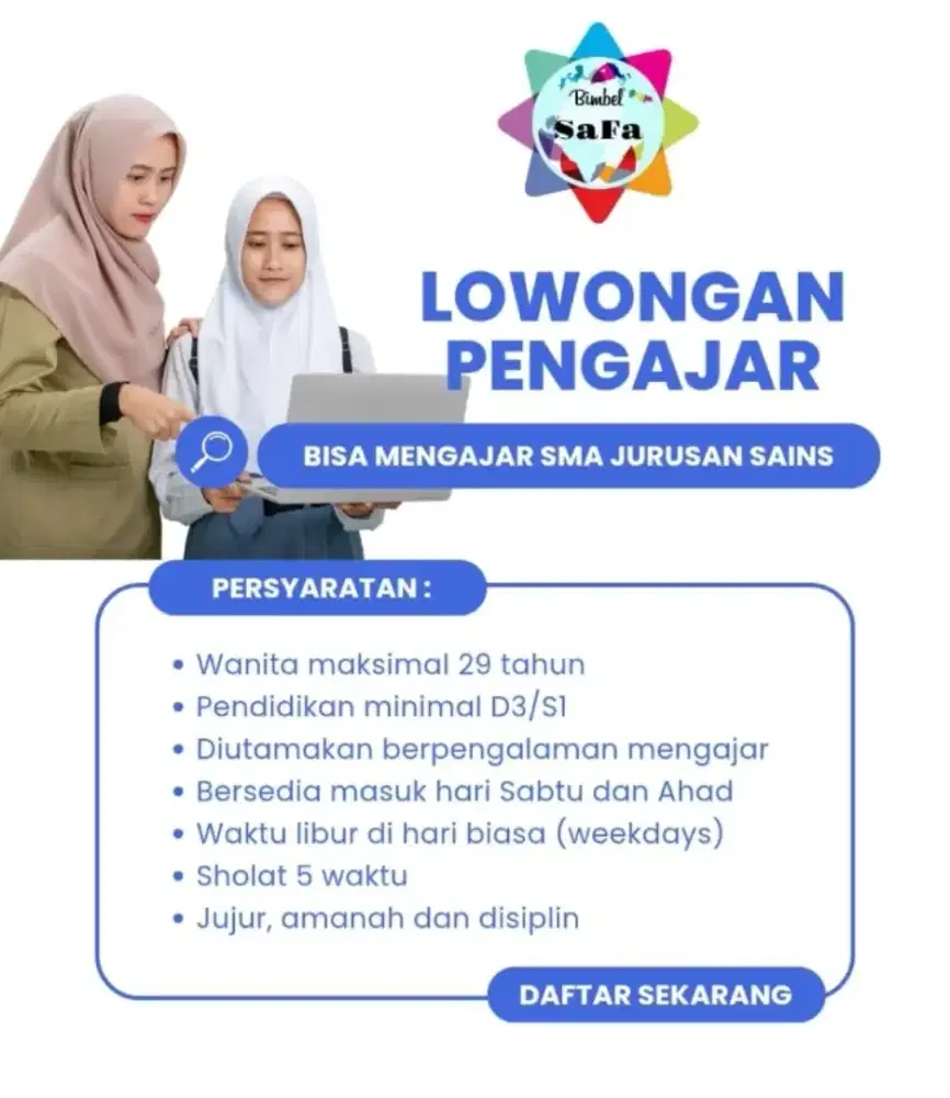 Lowongan Pengajar Bimbingan Belajar untuk SMA jurusan Sains/IPA