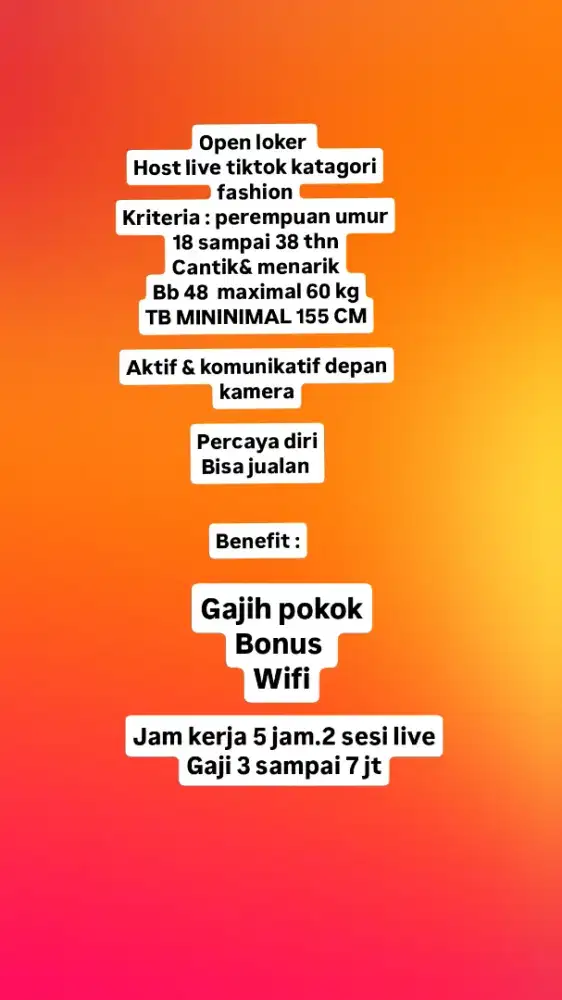 Lowongan kerja host live & co host live tiktok, di bidang fashion