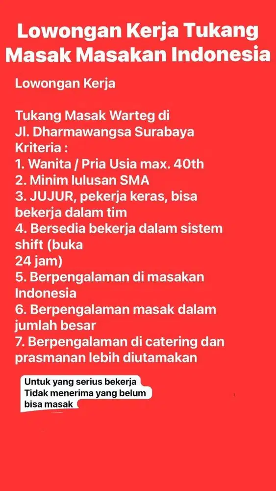 Lowongan Kerja Tukang Masak Warteg