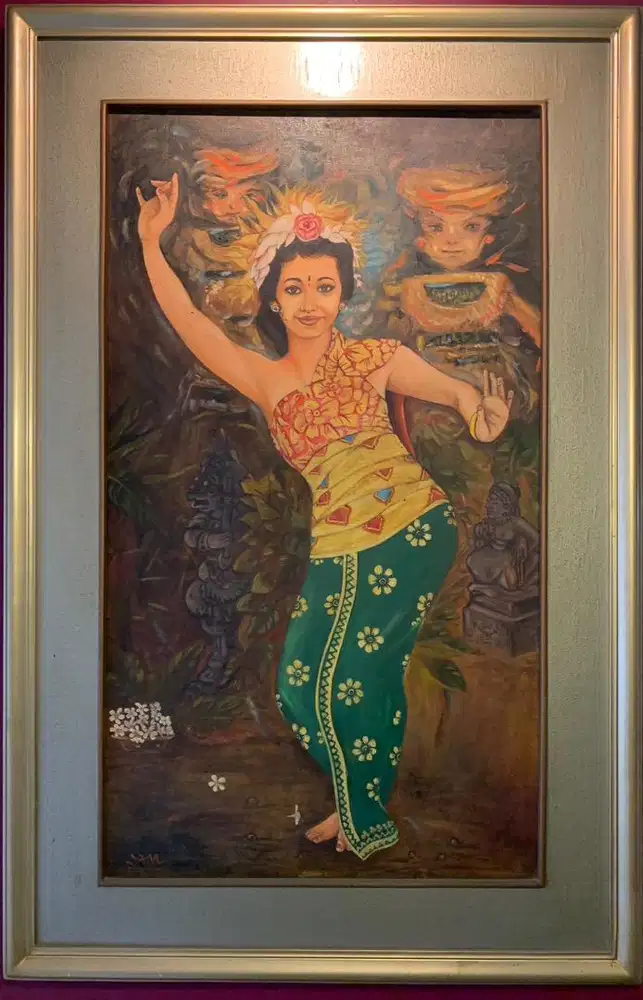 Lukisan penari bali dan bunga (2 lukisan)