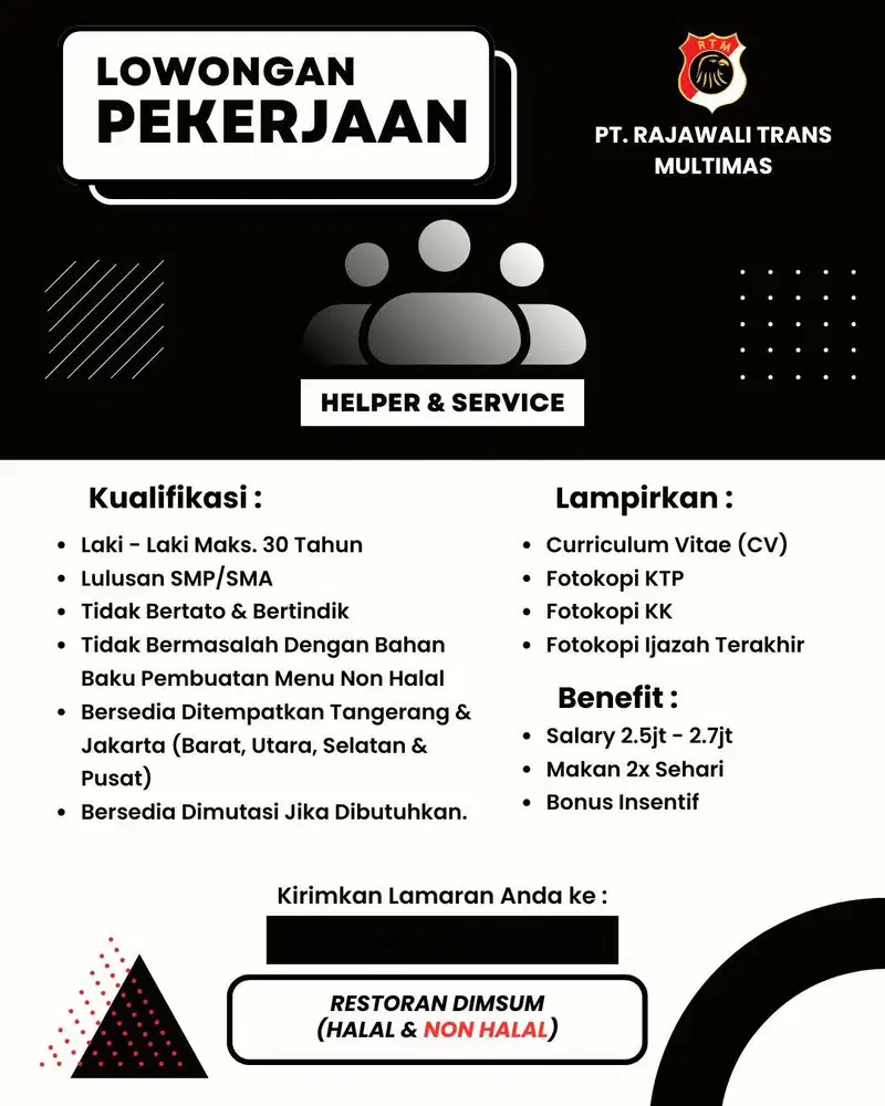 OPEN RECRUITMENT HELPER KITCHEN & SERVER FOR RESTO DIMSUM