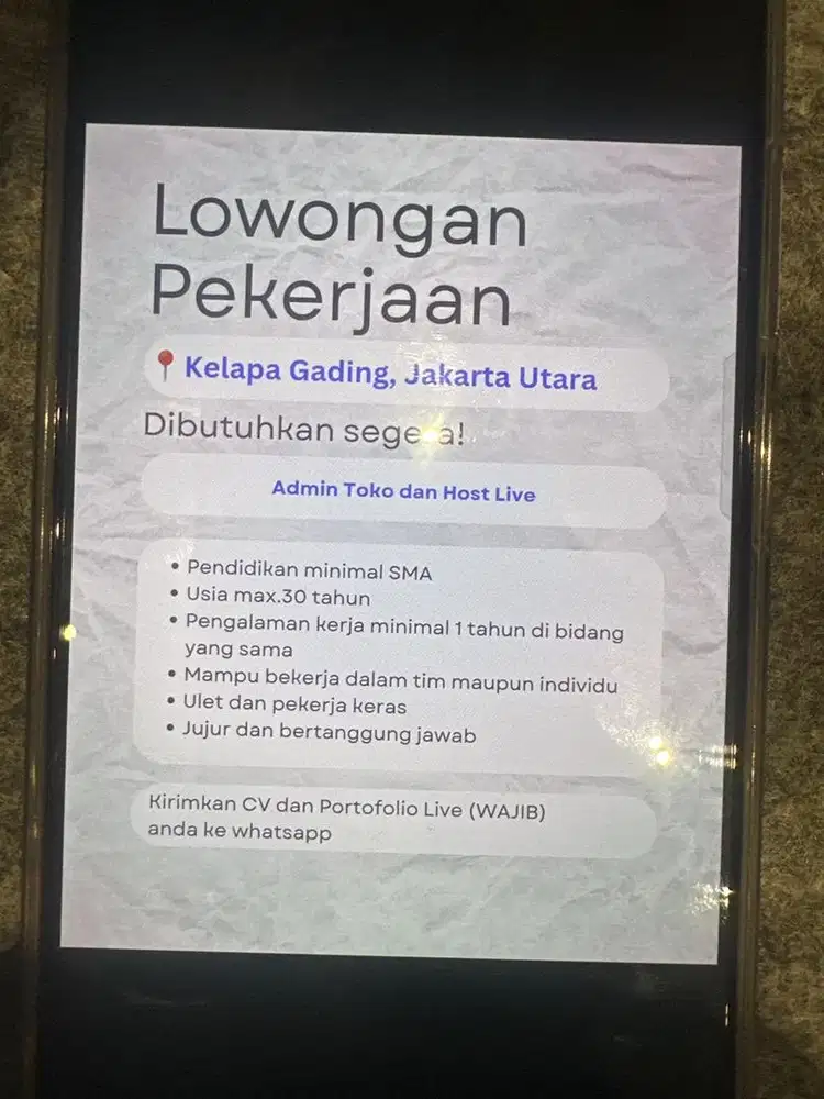 Dibutuhkan segera Admin toko merangkap host live