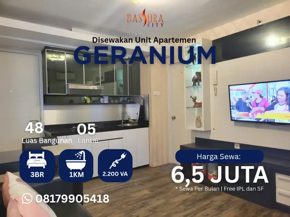 Sewa 3BR Furnished apartemen tower Geranium lantai rendah call Maula