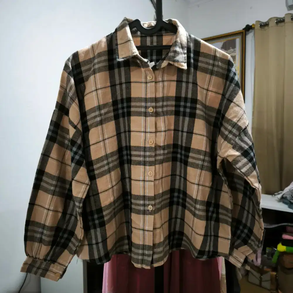 Kemeja Wanita Crop Top Flannel Kotak Kotak Second