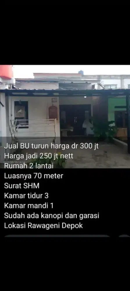 Rumah second dijual cepat tingkat 250jt(70m²)Rawageni Cipayung Depok