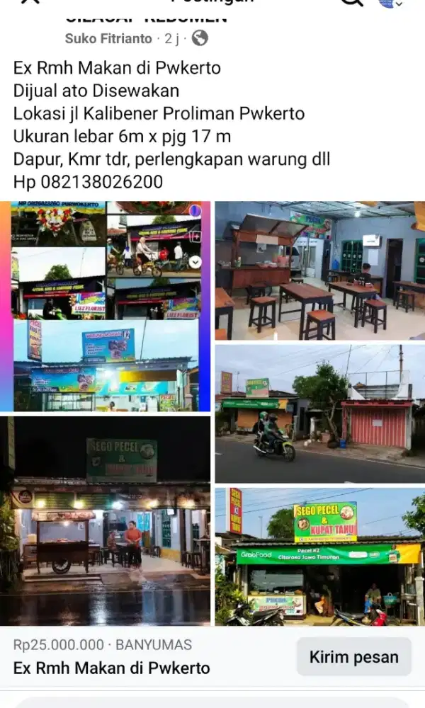 Dijual Warung Makan pinggir Jalan Raya Purwokerto Kota