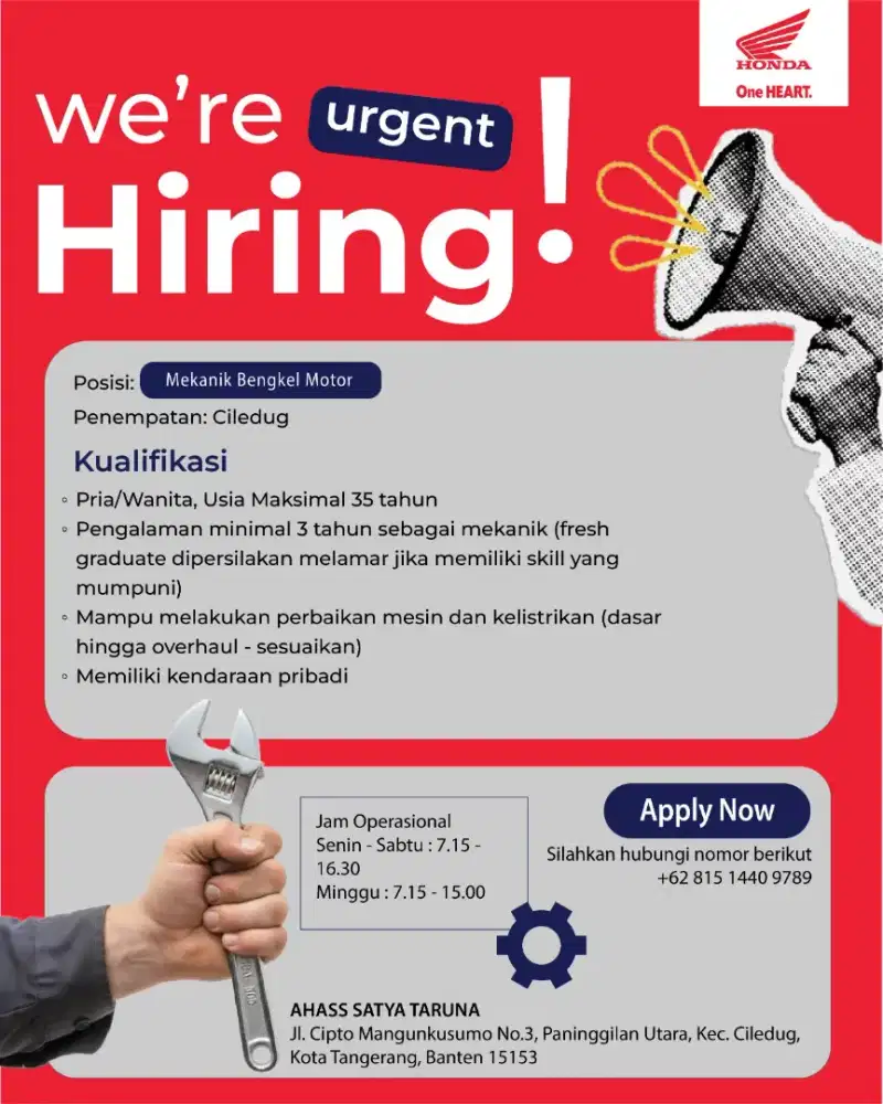 DIBUTUHKAN SEGERA MEKANIK BENGKEL MOTOR HONDA