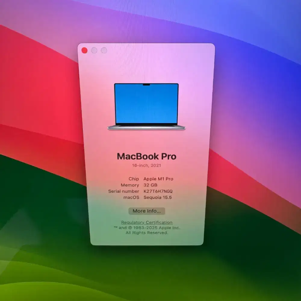 Macbook M1 pro 16 inch Ram 32 Ssd 512 Full set Silver buat desain