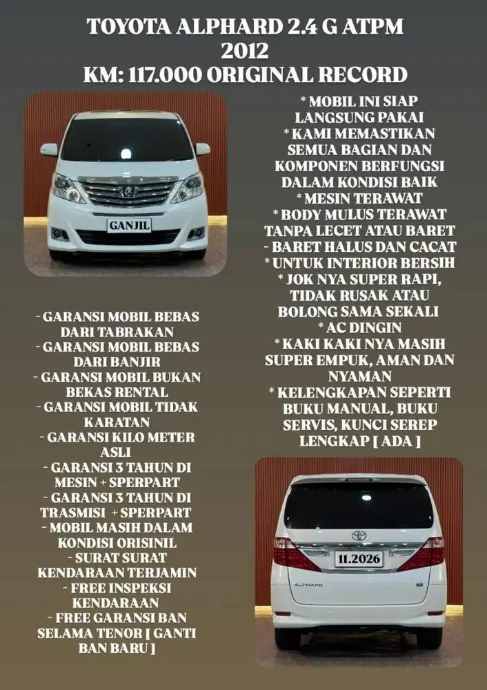 [ 3 YEAR WARRANTY ] TOYOTA ALPHARD G ATPM 2.4 AT 2012 SIAP PAKAI