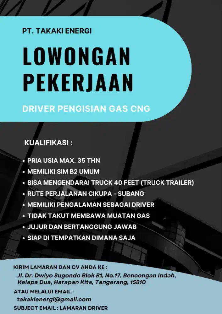 BUTUH CEPAT! DRIVER GAS CNG SIM B2 UMUM