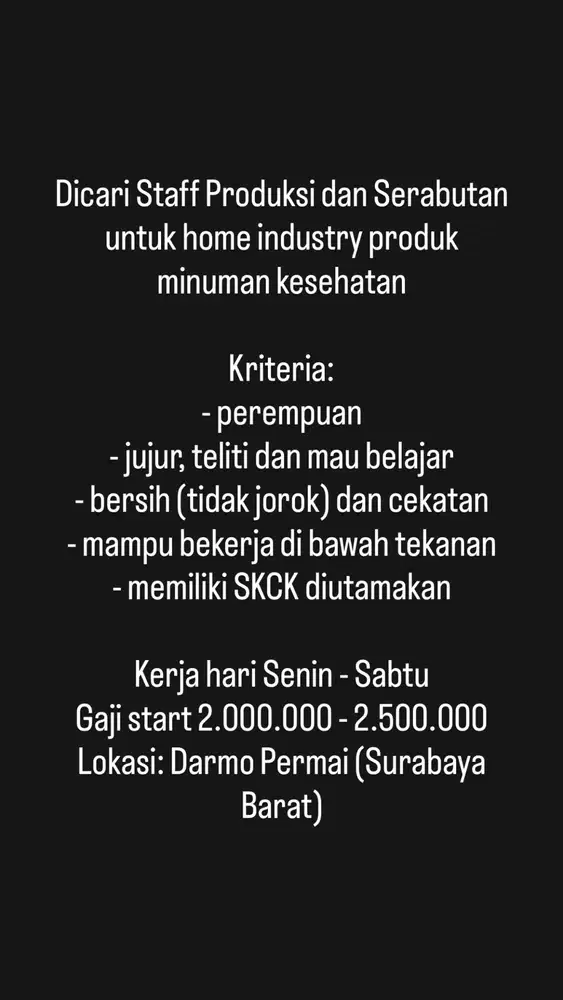 Lowongan Kerja Staf Produksi Serabutan Home Industry Minuman Kesehatan