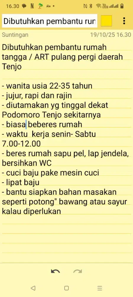 Dibutuhkan pembantu rumah tangga / ART pulang pergi Tenjo
/ Tigaraksa
