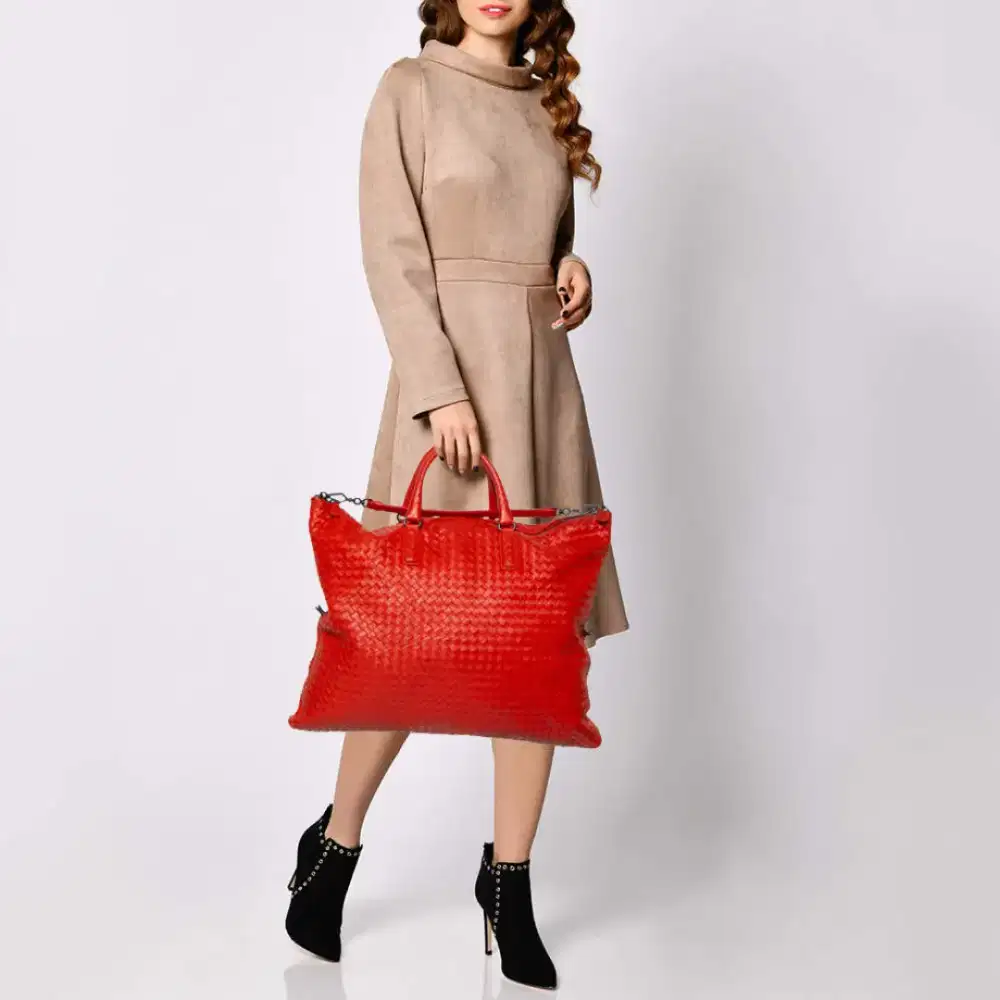 Tas kulit asli branded wanita Glenmore LC mirip bottega venetta merah