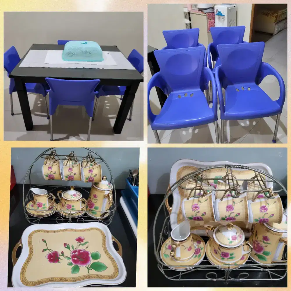 Meja makan 1 set, 4 kursi 1 nya agak retak dan set tea