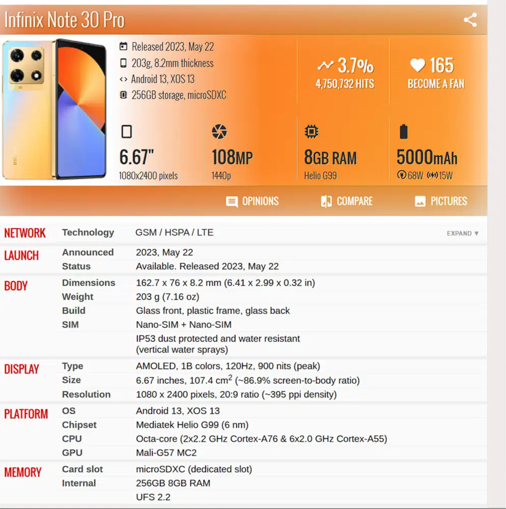 Infinix Note 30 Pro 8GB/256GB NO Minus  !!