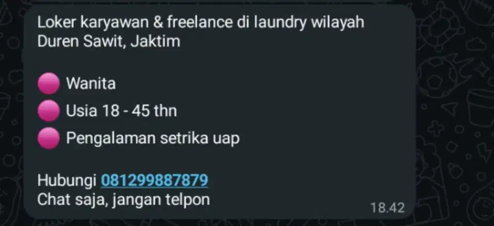Loker laundry freelance dan karyawan tetap ..