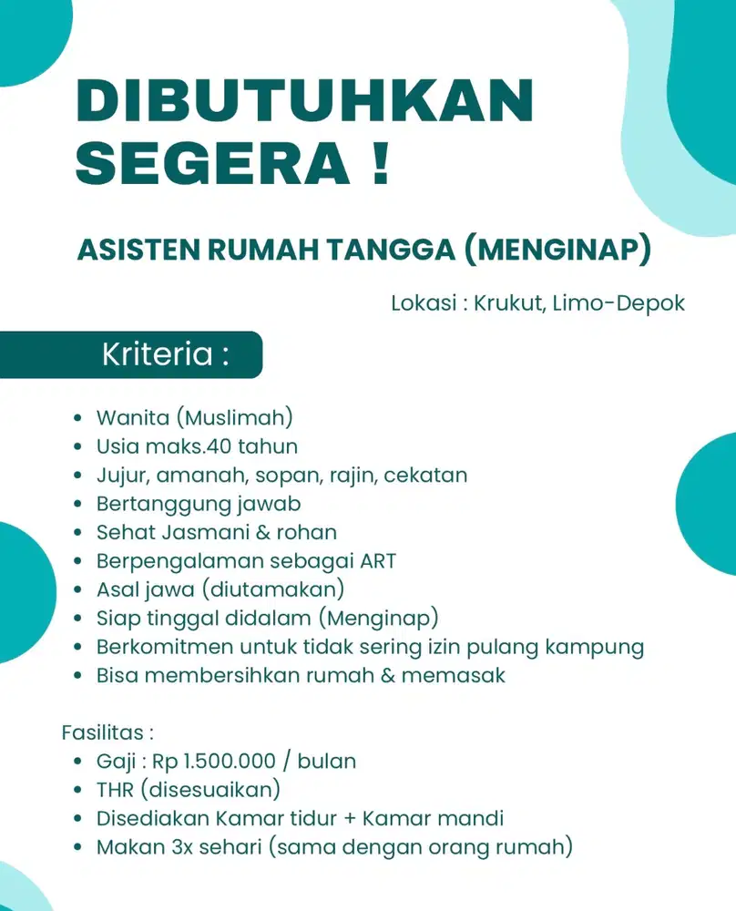 Dibutuhkan Asisten Rumah Tangga (Menginap)