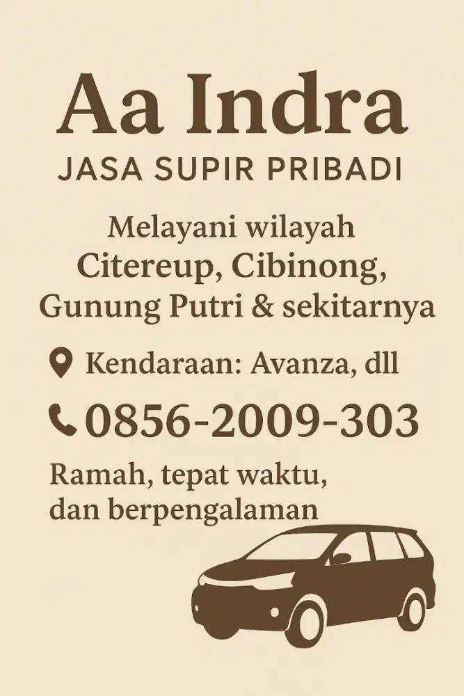 Jasa Supir Pribadi – Aa Indra - Citereup, Cibinong, G.Putri,Sekitarnya