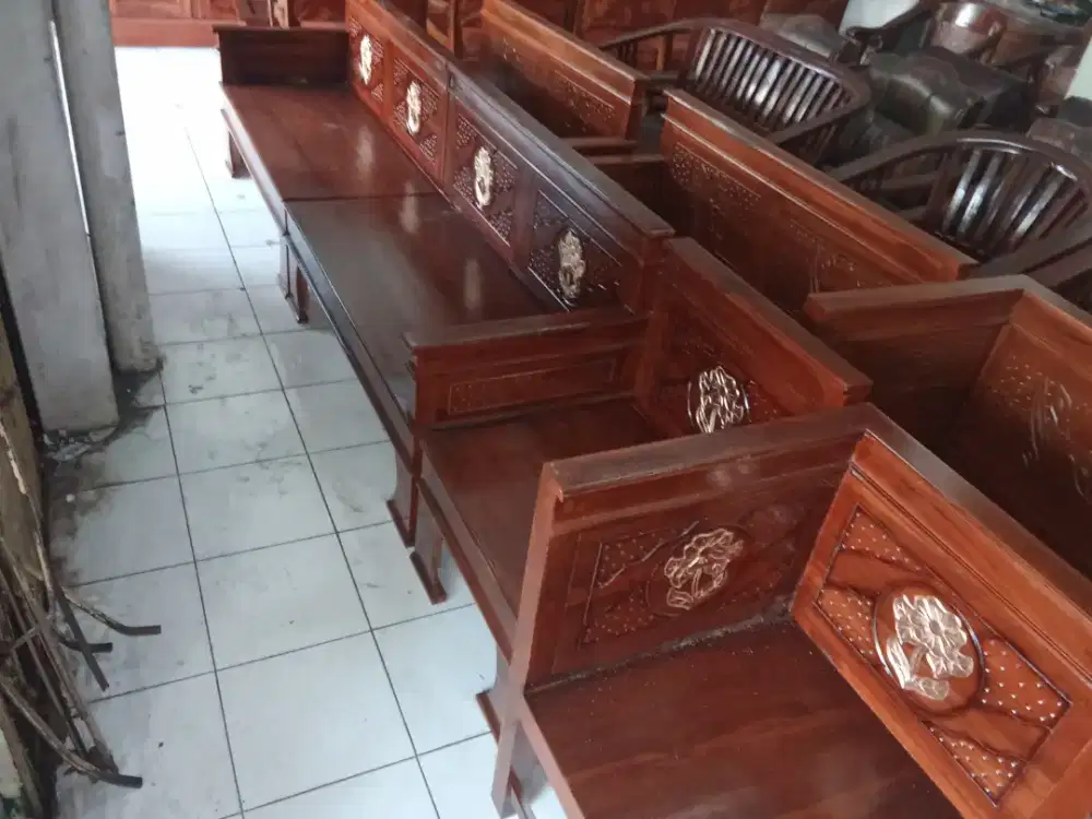 Kursi tamu kayu jati model minimalis sudut L lengkap dengan meja baru