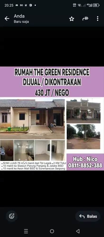 Dijual / Disewakan diperumahan The Green Residence / Green Apple Legok