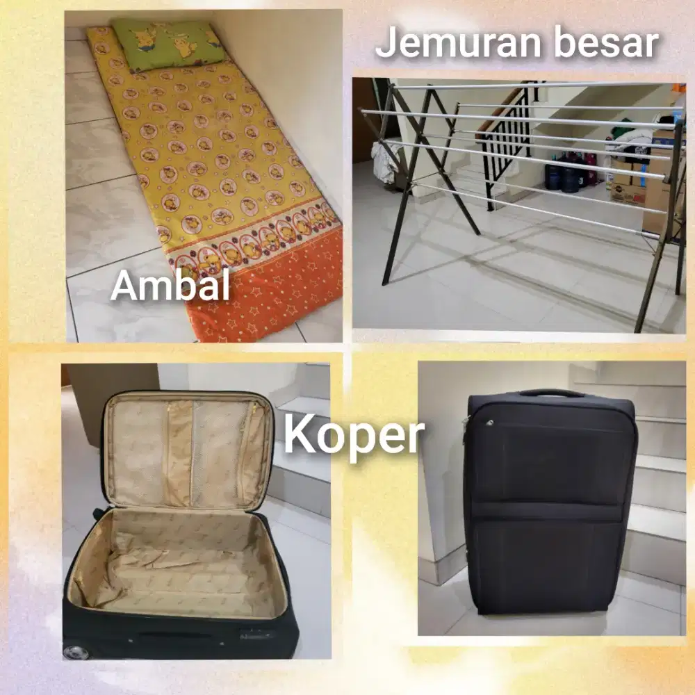Ambal tidur, guling bantal,jemuran besar, koper dll semua