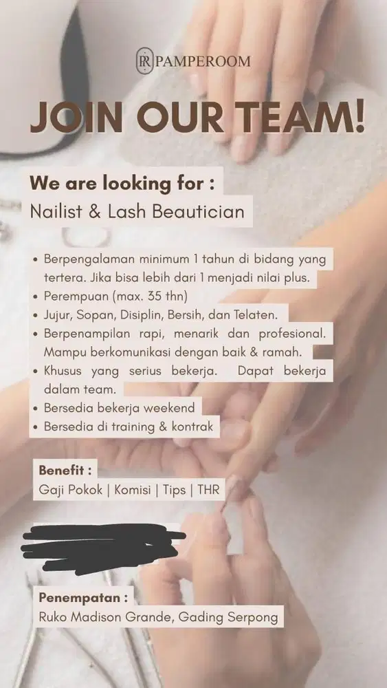 Dicari Nailist dan eyelash beautician