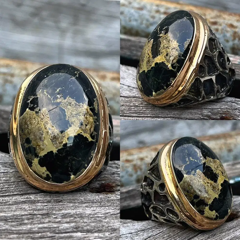 Cincin Natural Turquoise Phyrus Pirus Persia Deep Green Urat Emas