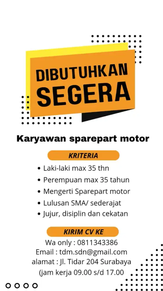 Dibutuhkan Segera Karyawan/Karyawati Sparepart Motor