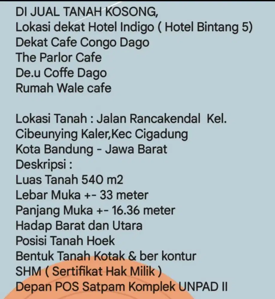 DI JUAL TANAH MURAH / BU Lokasi Di Kota Bandung