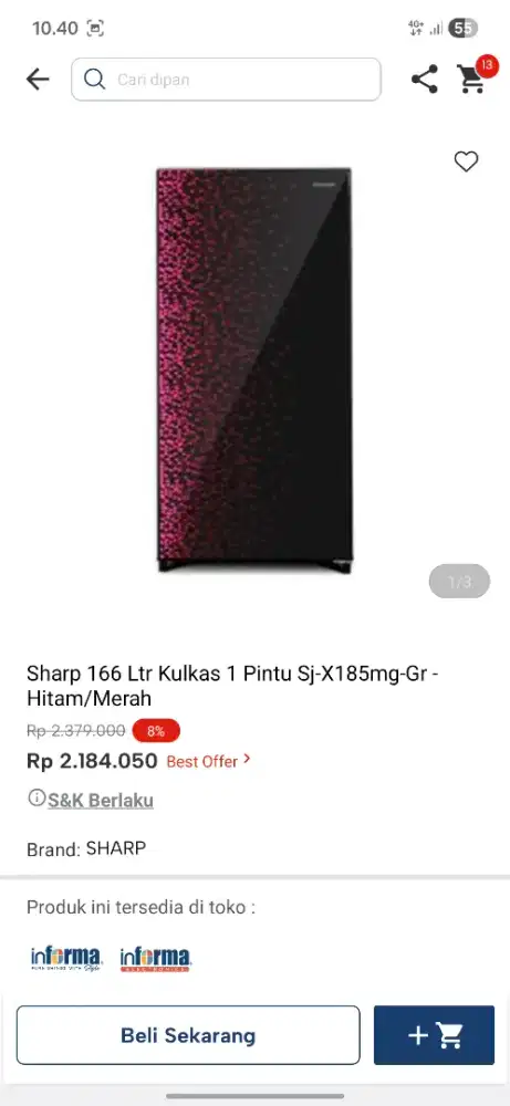 Ready stok kulkas 1 pintu sharp murah