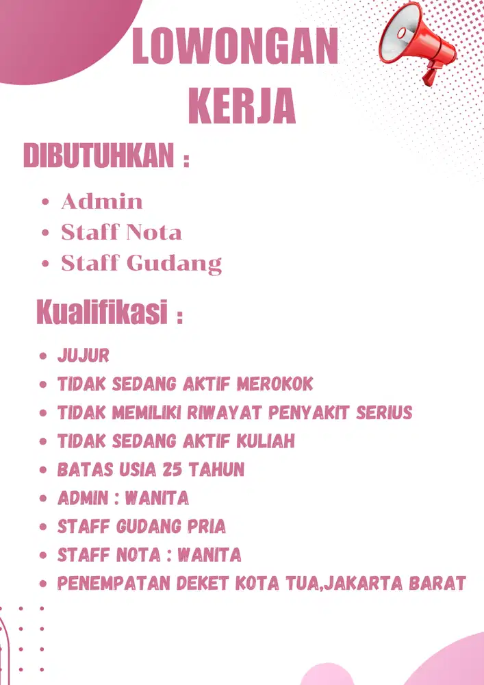 DIBUKA LOWONGAN YANG BERDOMISILI DEKET KOTA TUA