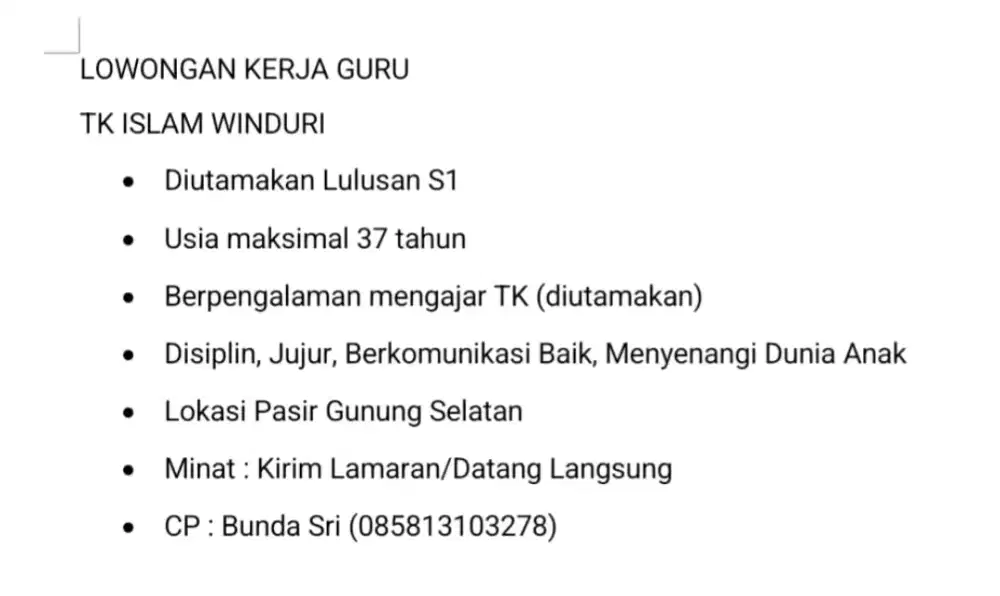 Loker Guru TK di TK.Islam Winduri