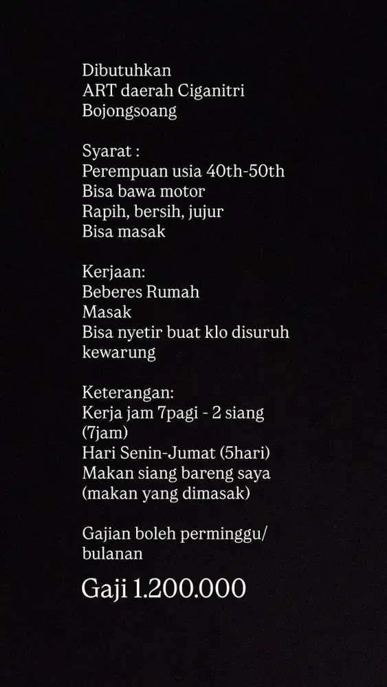 Dibutuhkan ART daerah ciganitri,bojongsoang