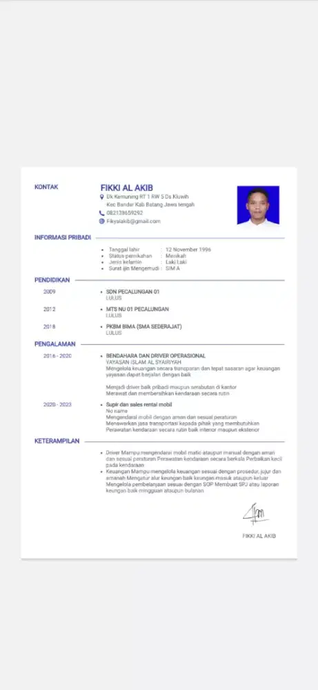 Saya sedang mencari pekerjaan supir atau driver