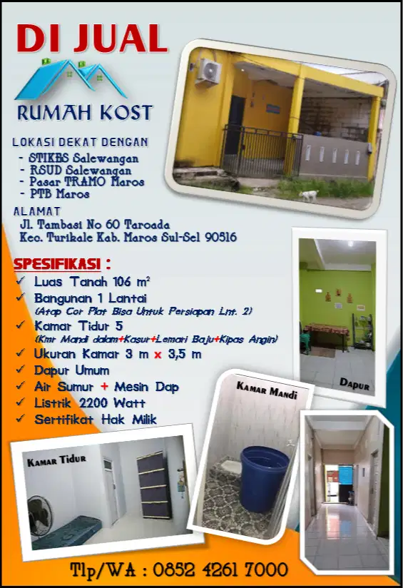 Dijual Cepat Rumah Kost (Pemilik Pindah Keluar Kota).