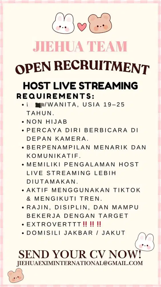 HALLO SEMUA, JIEHUA SEDANG BUKA LOKER UNTUK HOST LIVE STREAMING LOH!