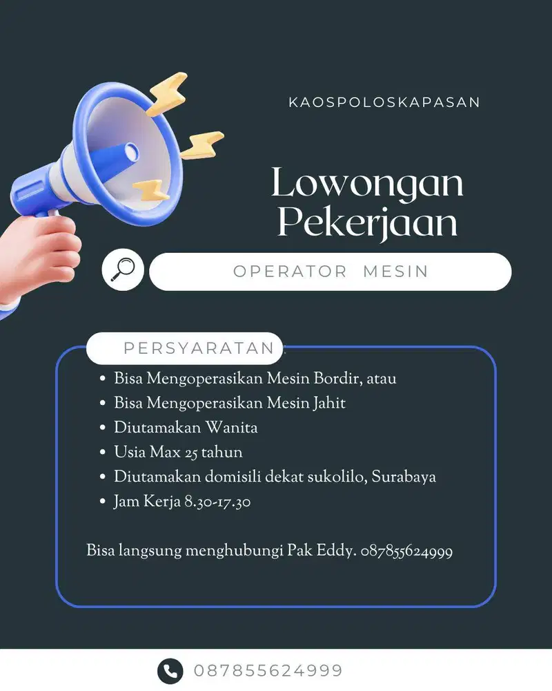 Dibutuhkan segera Operator Mesin Bordir atau Mesin Jahit