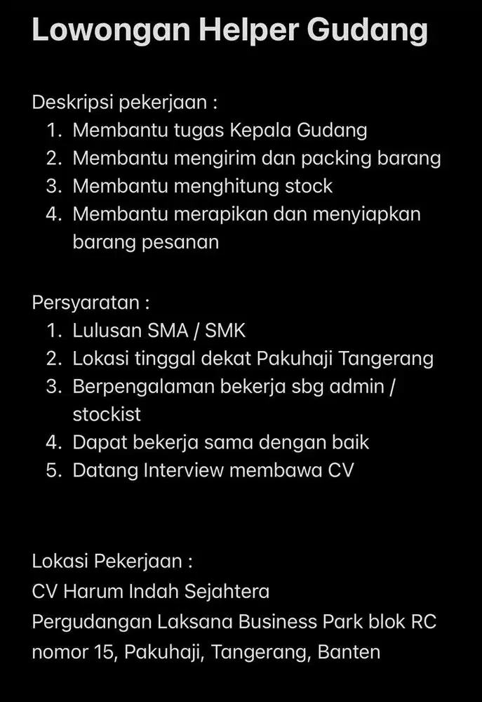 Lowongan Helper Gudang