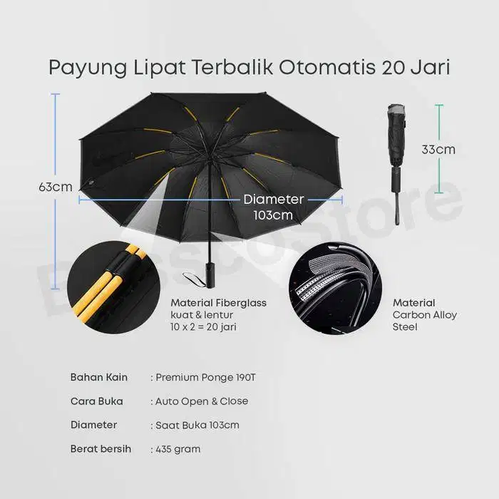 payung portable otomatis ukuran jumbo premium anti badai UV Black