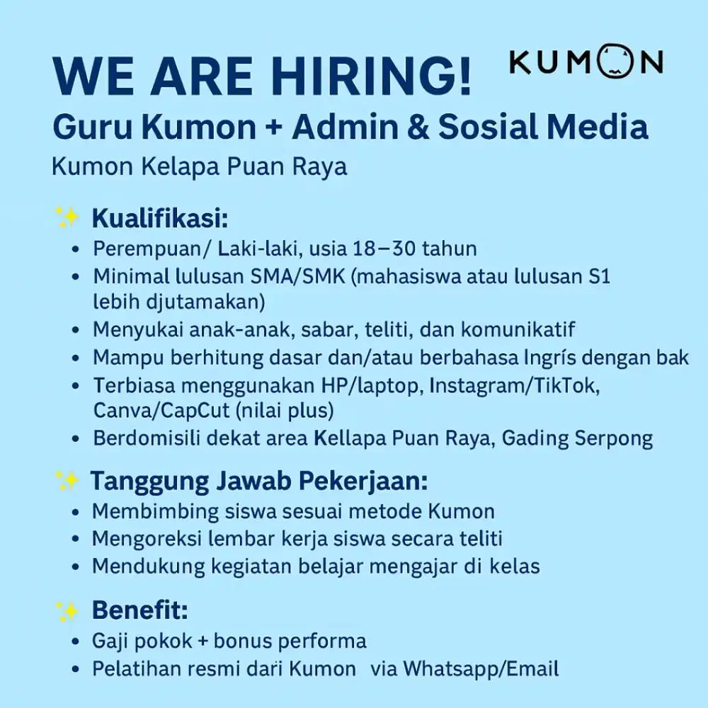 Dicari Guru Les Kumon Gading Serpong