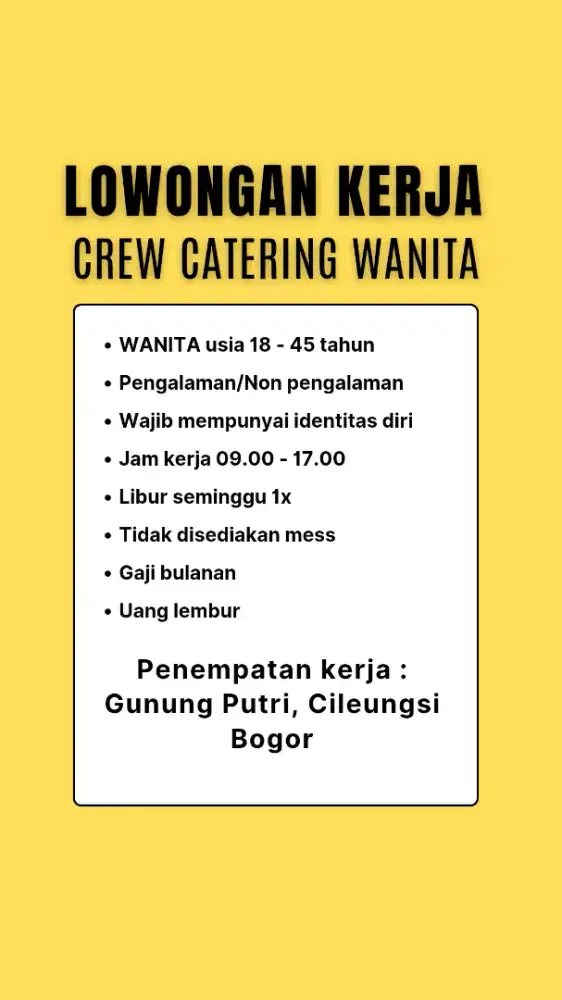 Lowongan Kerja Catering Wanita Cileungsi, Bogor