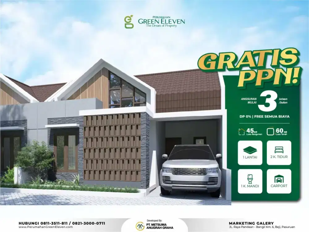 Rumah Dijual di Pandaan Bangil – Cluster Green Eleven Tipe 45, Desain Modern, DP 0% + Gratis PPN