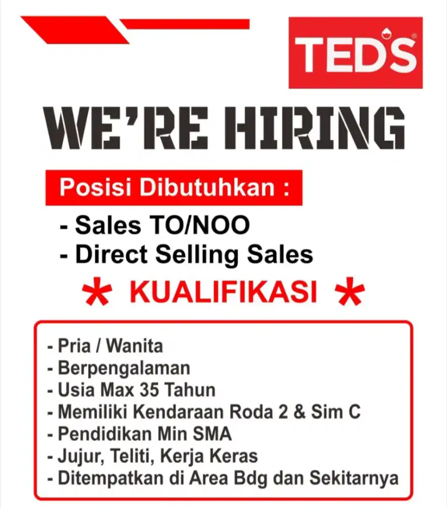 Dibutuhkan Sgr : Sales P/W Berpengalaman