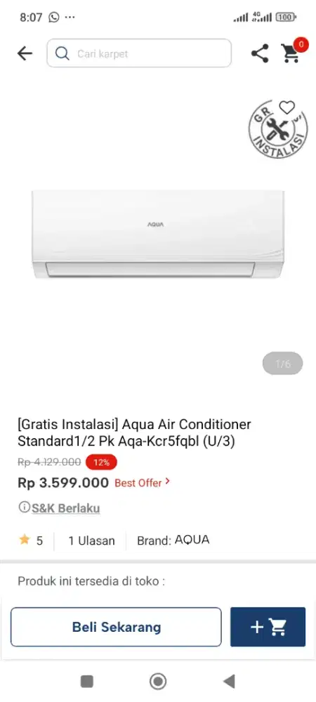 AC Aqua 1/2pk gratis pemasangan