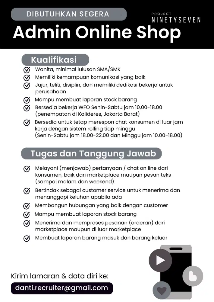 DIBUTUHKAN ADMIN ONLINE SHOP (PENEMPATAN KALIDERES, JAKARTA BARAT)